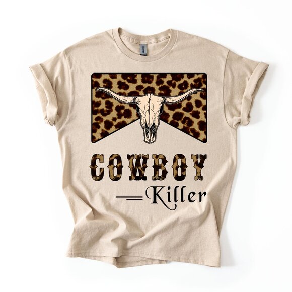 Women's Leopard Cow Skull T-Shirt Western Rodeo Country Music Cowboy Killer Tee - Picture 1 of 3